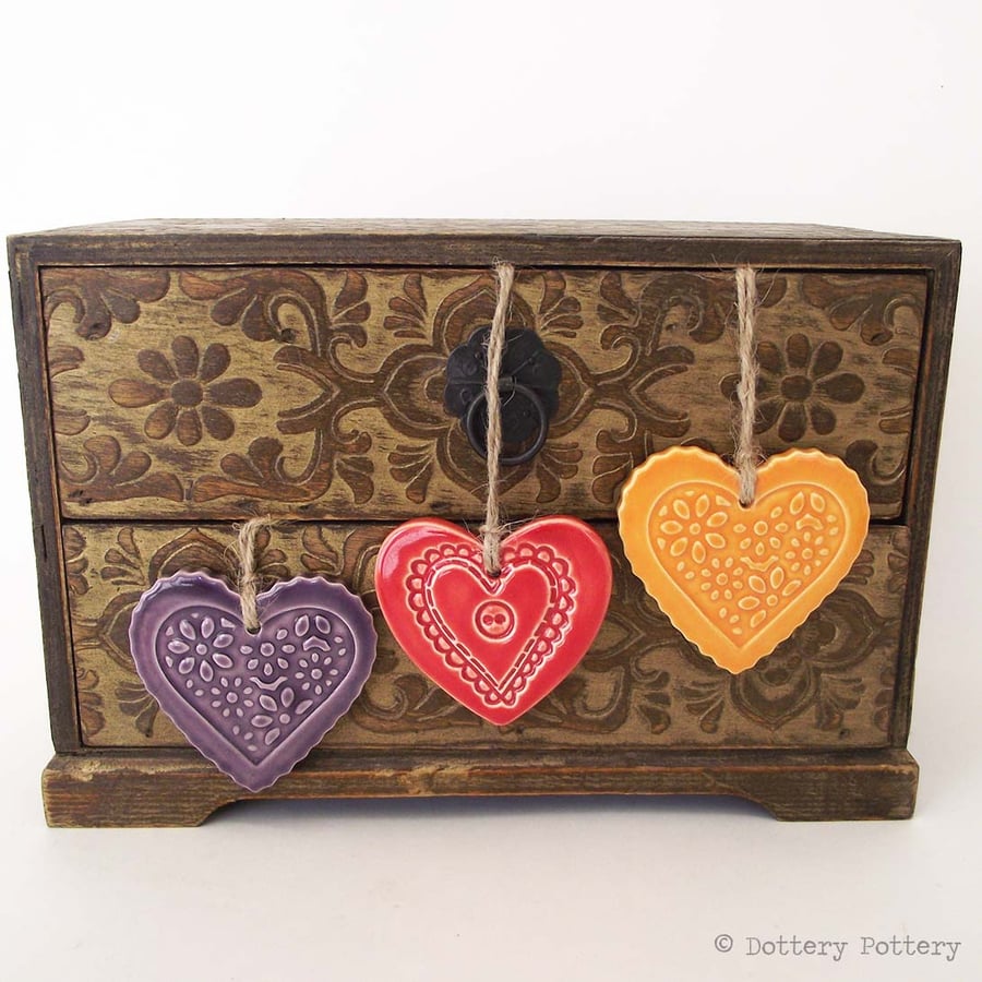 Ceramic Heart decorations set of three pottery hearts bright colours