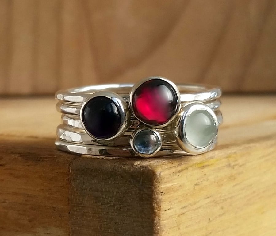 Recycled Sterling Silver Gemstone Stacking Rings