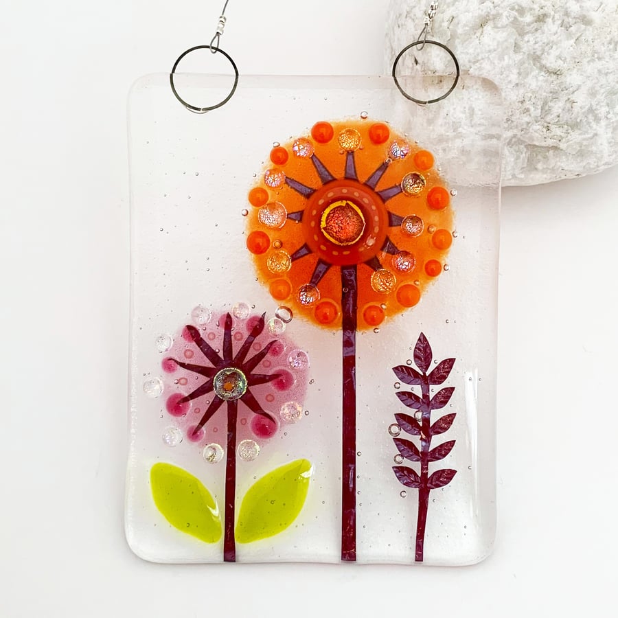 Fused Glass Double Orange and Pink Flower Hanging - Handmade Glass Suncatcher