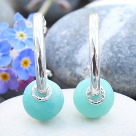 Sleeper hoop earrings, light blue amazonite stones, nature, seaside, sea, pebble