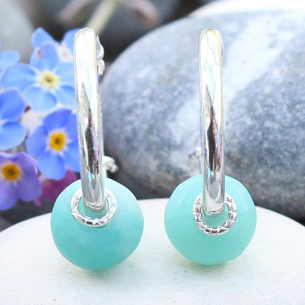 Sleeper hoop earrings, light blue amazonite stones, nature, seaside, sea, pebble