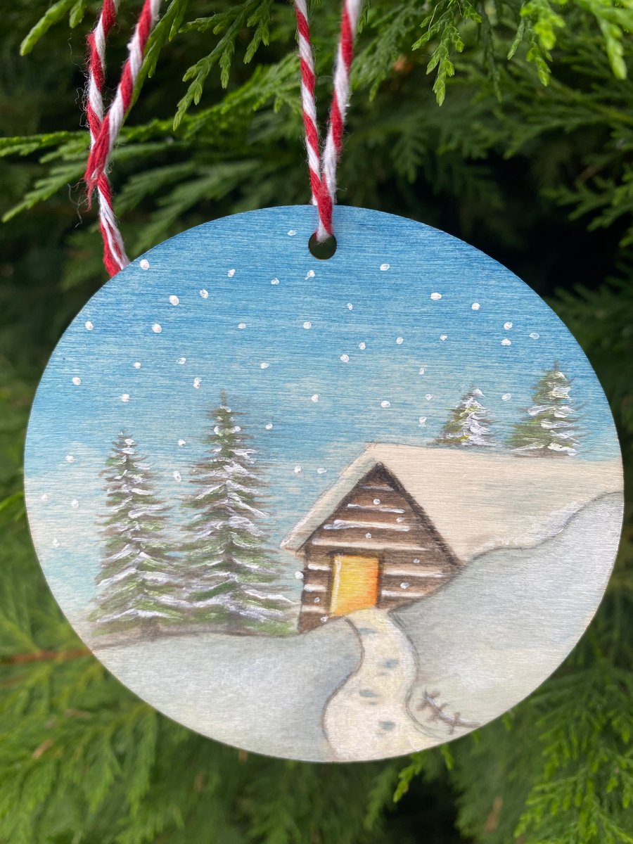 Hand illustrated Christmas snowy cabin painting hanging decoration 