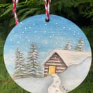 Hand illustrated Christmas snowy cabin painting hanging decoration 