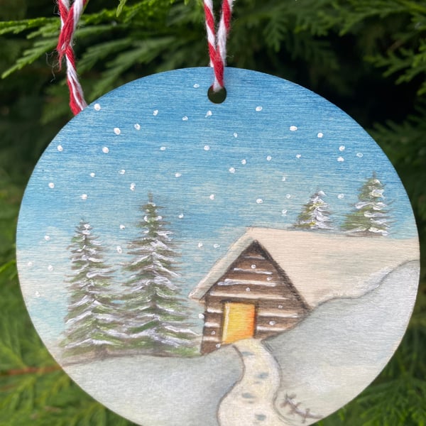 Hand illustrated Christmas snowy cabin painting hanging decoration 