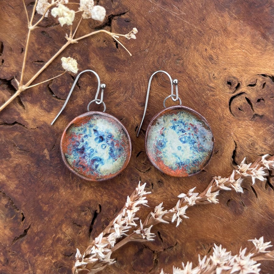 Handmade Ceramic Drop Earrings: Speckled Blue And Copper Glazed Clay Jewellery, 