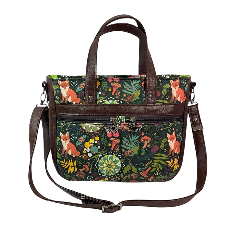 Woodland fox handbag with faux leather, ladies floral tote, women’s gift
