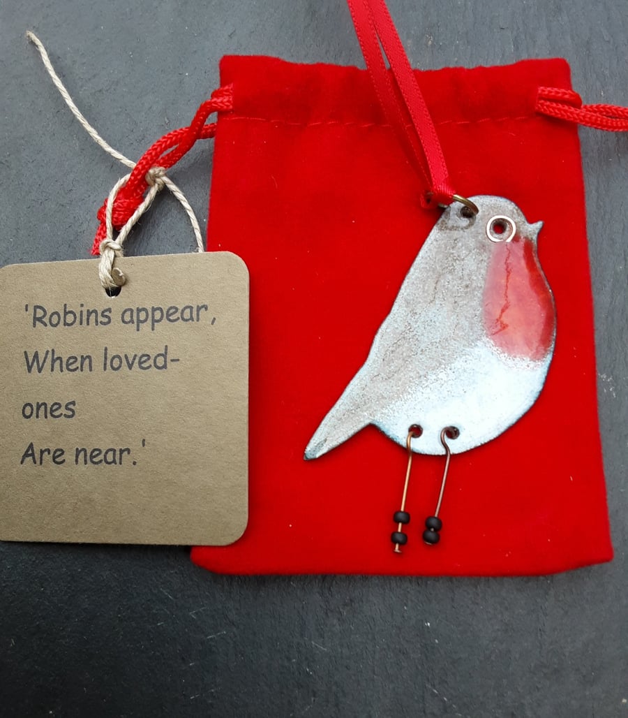 Robin redbreast tree decoration in copper and vitreous enamels