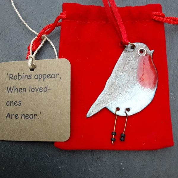 Robin redbreast tree decoration in copper and vitreous enamels