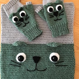 Pussy Cat Tote Bag And Matching Gloves In Two Tone Grey And Green (R914)