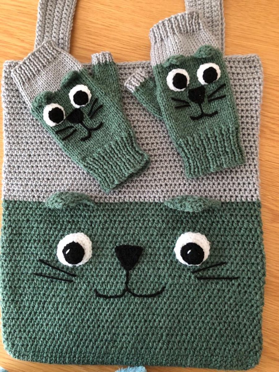 Pussy Cat Tote Bag And Matching Gloves In Two Tone Grey And Green (R914)