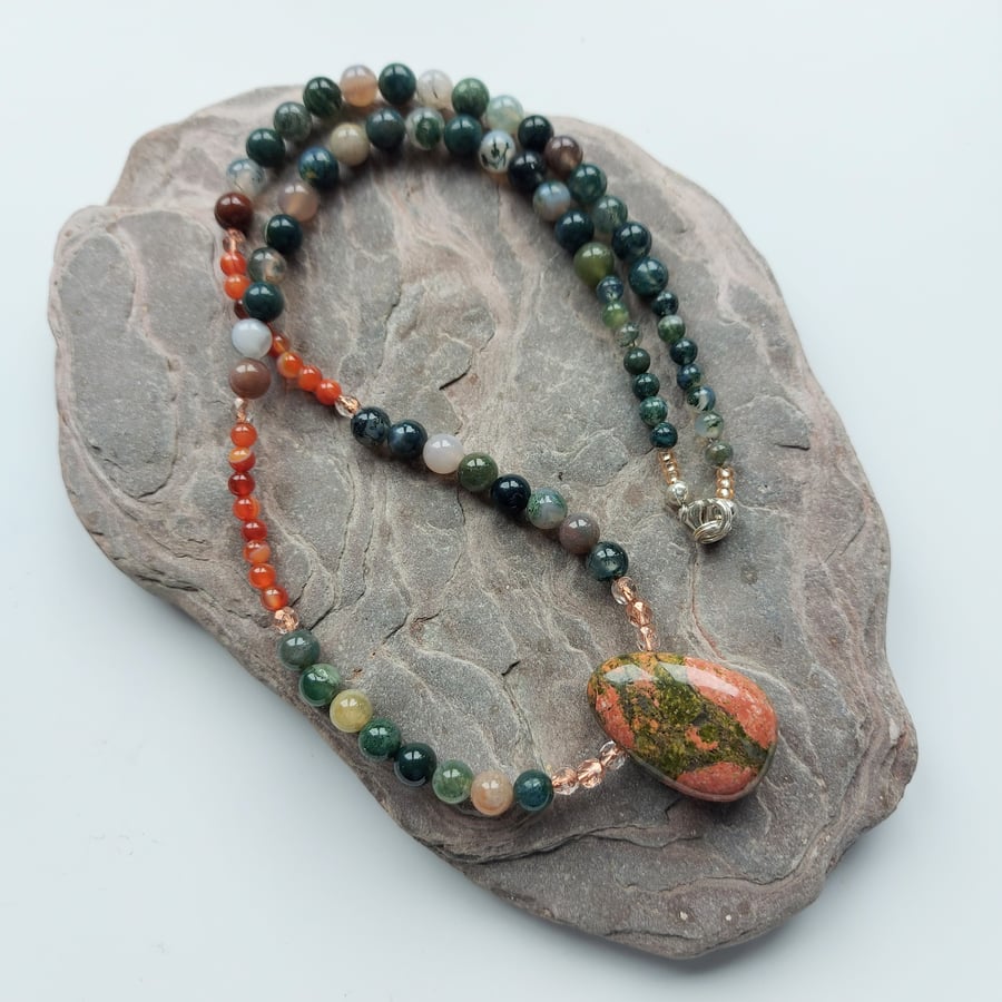 Gemstone necklace in Autumn shades with Agate, Carnelian and Unakite 