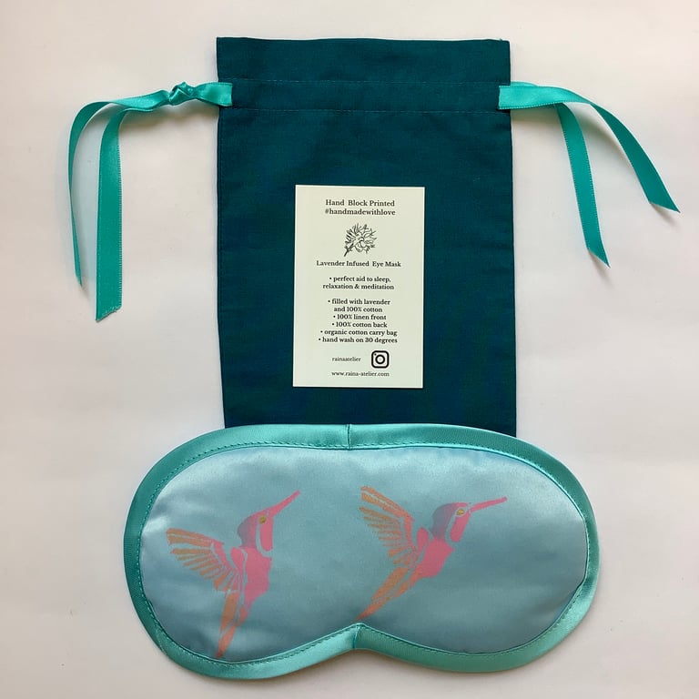 Sky Blue Hummingbirds Duchess Satin lavender infused eye mask