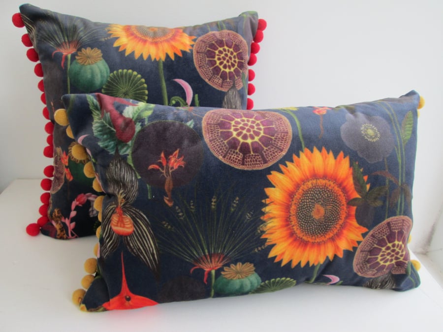 Printed Velvet Jungle Design Cushion Cover with Mustard Poms