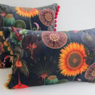 Printed Velvet Jungle Design Cushion Cover with Mustard Poms