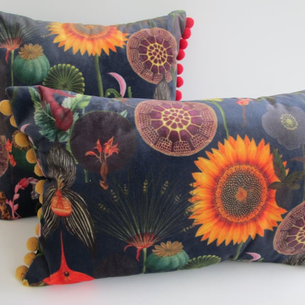 Printed Velvet Jungle Design Cushion Cover with Mustard Poms