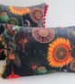 Printed Velvet Jungle Design Cushion Cover with Mustard Poms