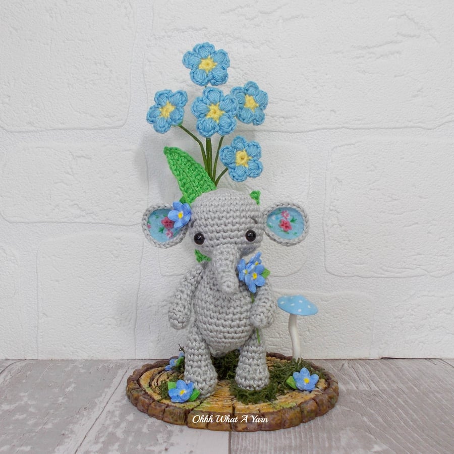 Crochet forget me not elephant sculpture. Elephant ornament.  Elephant gift.