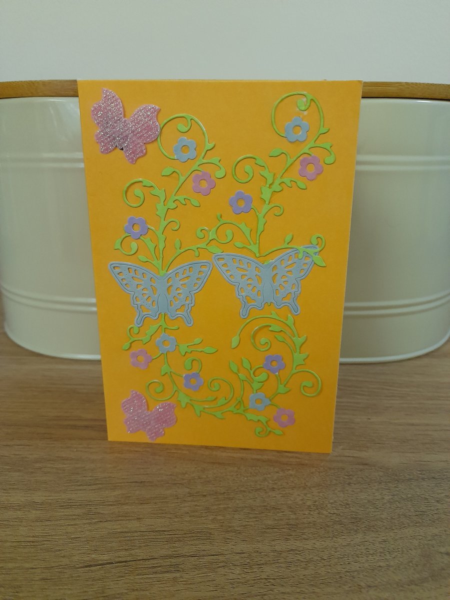 BLUE, PINK AND GREEN BUTTERFLY CARD. 