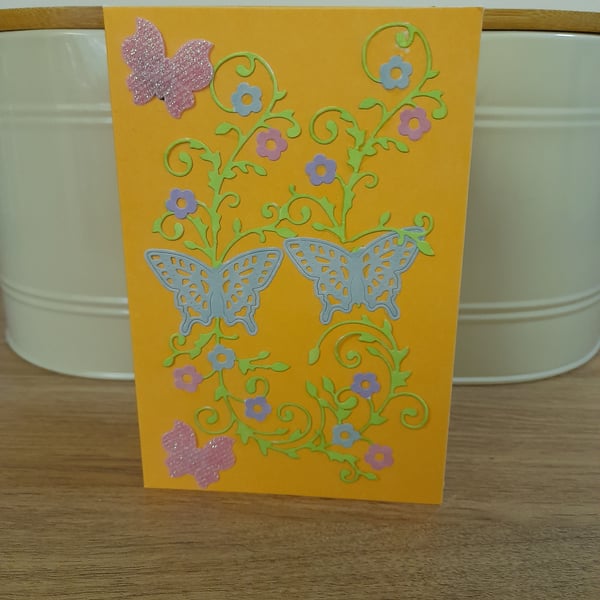 BLUE, PINK AND GREEN BUTTERFLY CARD. 