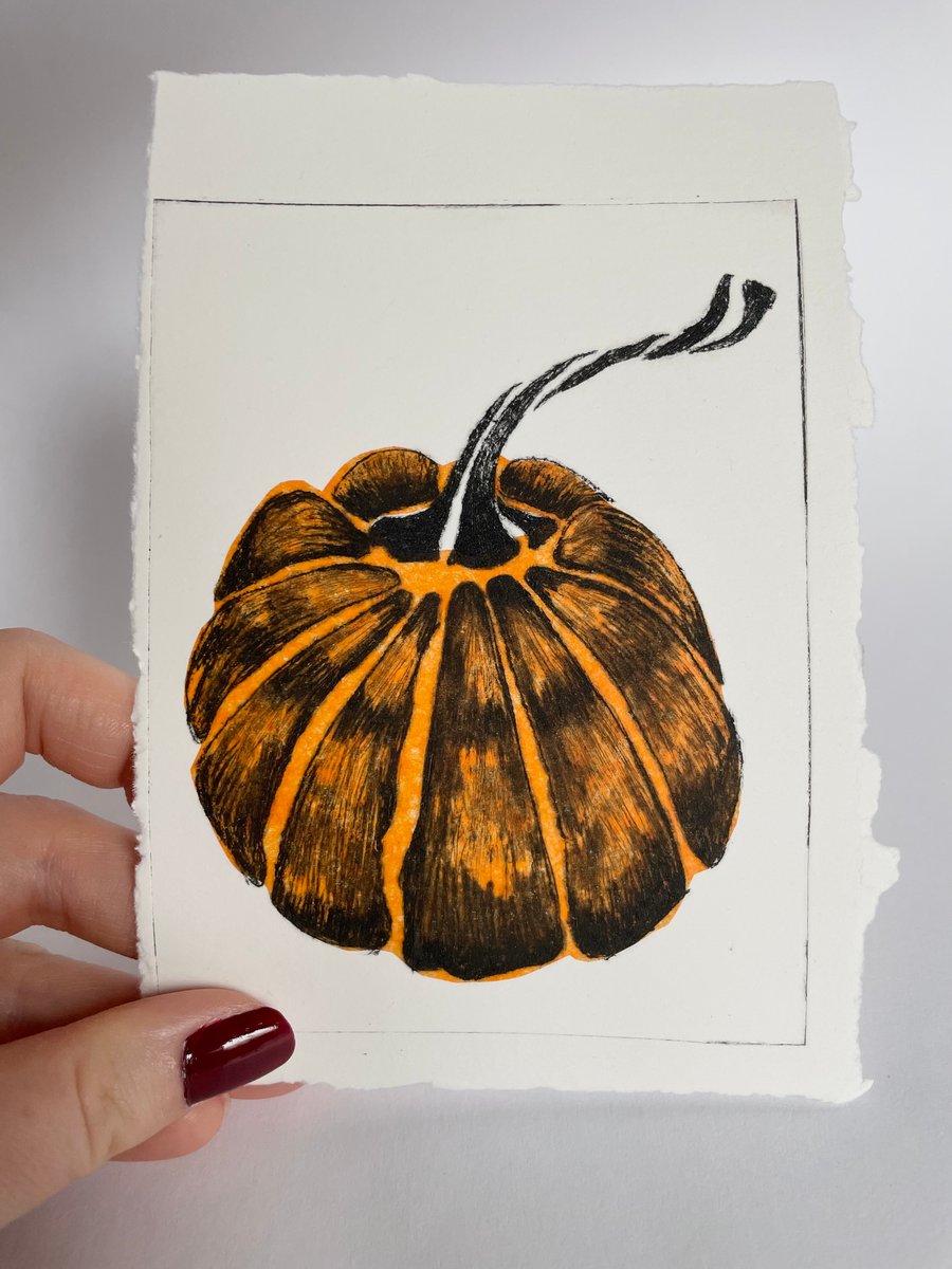 Orange Pumpkin Print, Handprinted Drypoint Art 