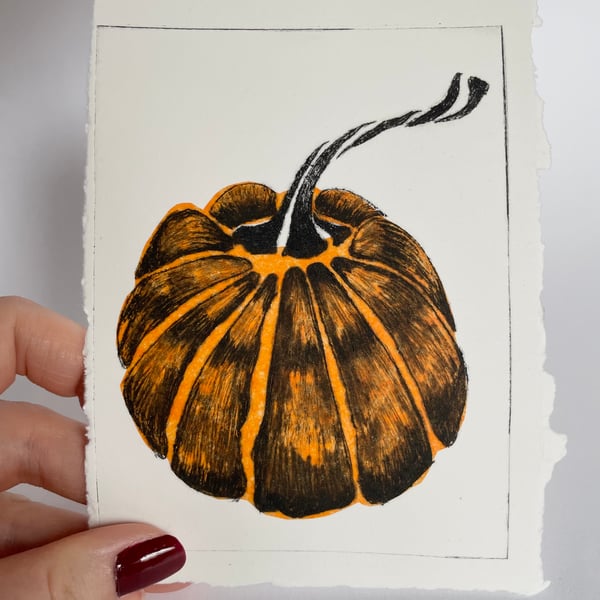 Orange Pumpkin Print, Handprinted Drypoint Art 