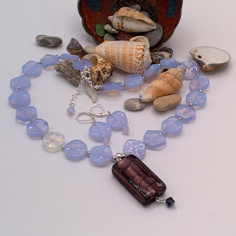 Lilac Opaline Bead Necklace with a Purple Pendant and Earrings, Gift Set