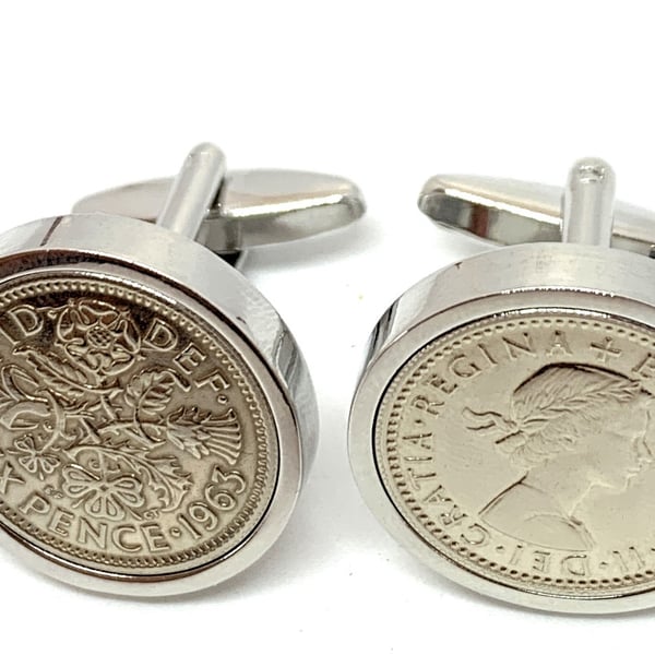Luxury 1963 Sixpence Cufflinks for a 62nd birthday. Original English sixpences