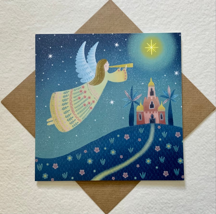 Angel over Bethlehem, blank greetings card