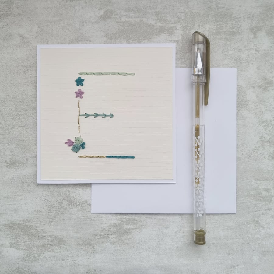 Letter E embroidered card, hand stitched initial card, hand sewn keepsake card