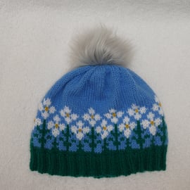 Flower Hat. Hat with Faux Fur Pom Pom. Knitting Pattern. PDF Knitting Pattern