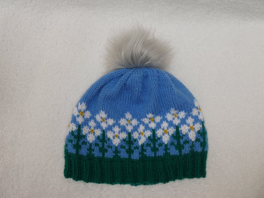 Flower Hat. Hat with Faux Fur Pom Pom. Knitting Pattern. PDF Knitting Pattern