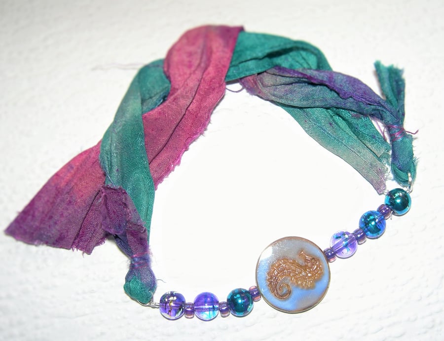 Green & Purple Seahorse Silk Tie Bracelet