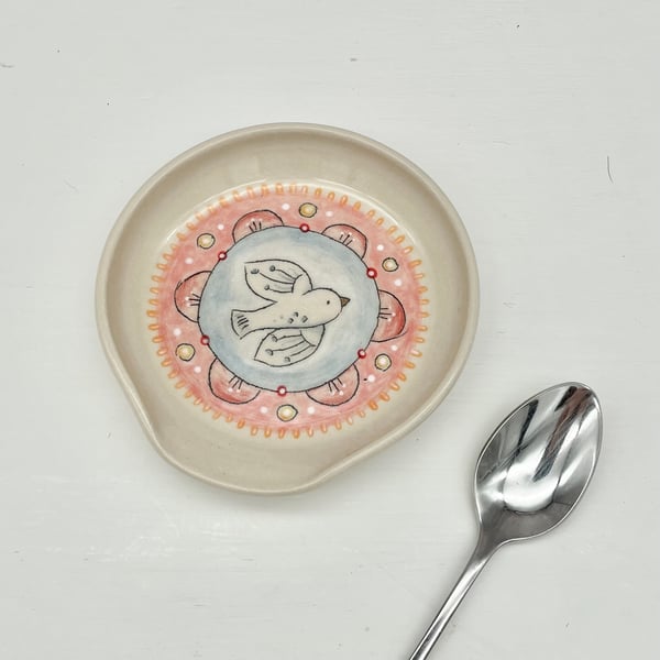 Pretty Trinket Dish Spoon Rest Soap Dish Bird Flower Handmade Pottery