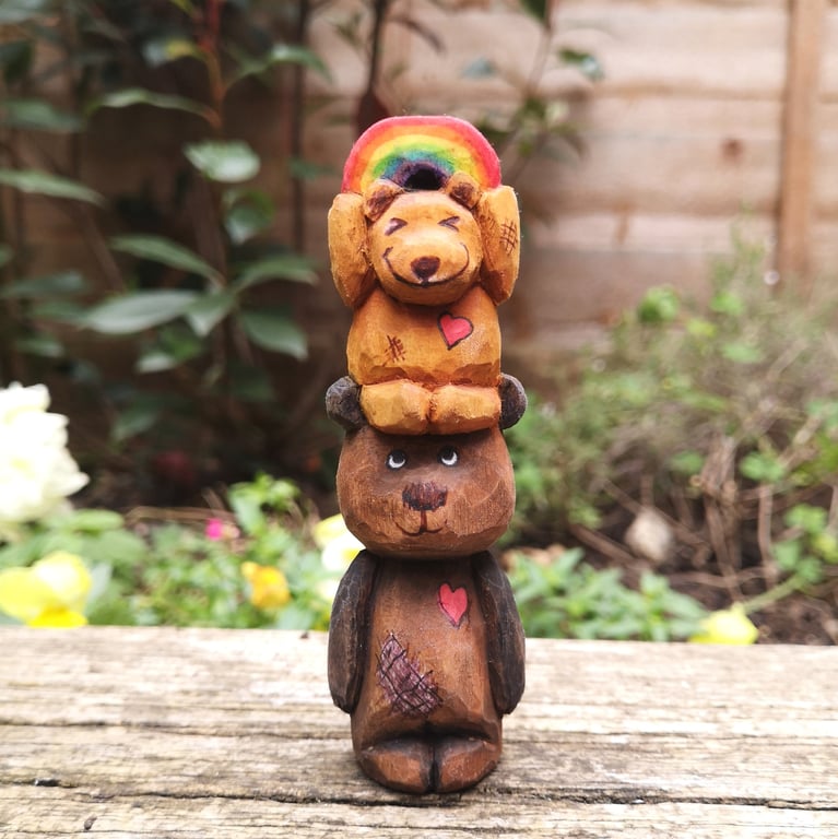 Hand carved, painted and finished wooden Pride LQBT rainbow teddy bears