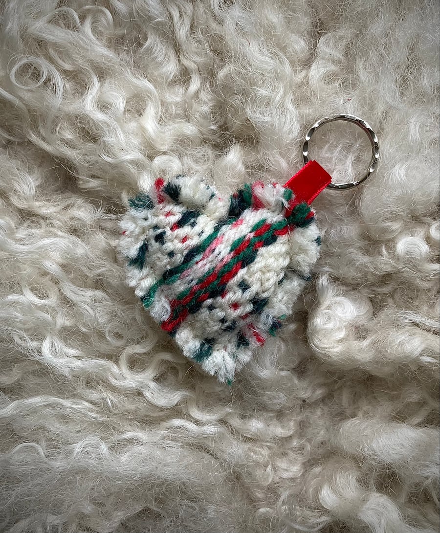 Heart Keyring - Rosy Red mix wool. Handwoven in Wales