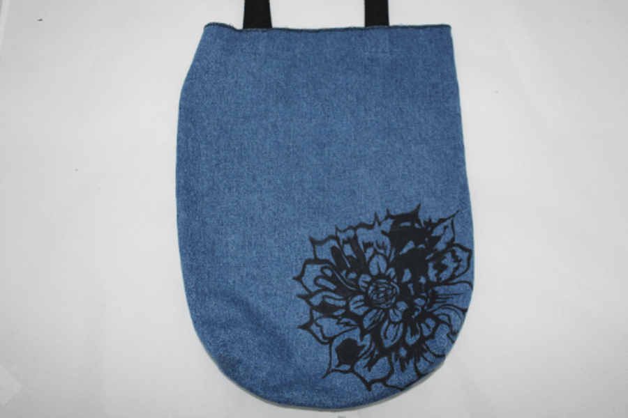 Handmade blue denim tote bag,floral print zero waste recycled tote gift