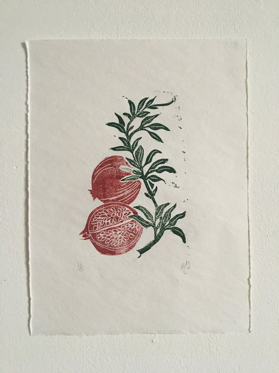 Pomegranate, linocut print on handmade paper