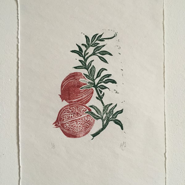Pomegranate, linocut print on handmade paper