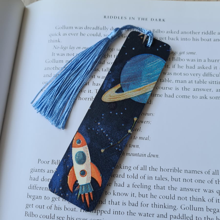 Wooden bookmark space design with tassel stocking filler choice of design
