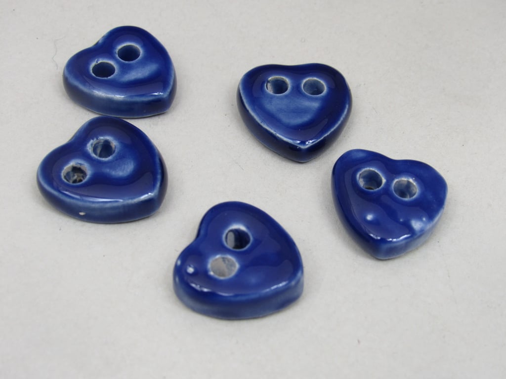 5 Small Heart Shaped Cobalt Blue Ceramic Buttons