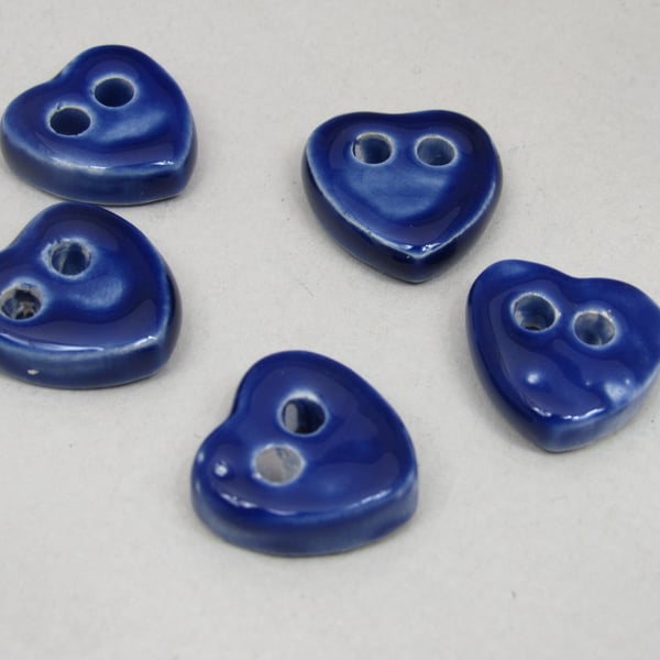 5 Small Heart Shaped Cobalt Blue Ceramic Buttons