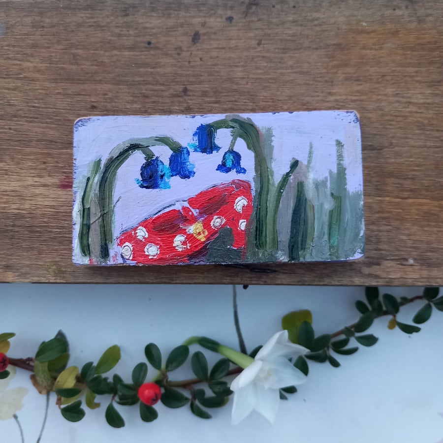 Miniature oil painting. Bluebells and lost red shoe