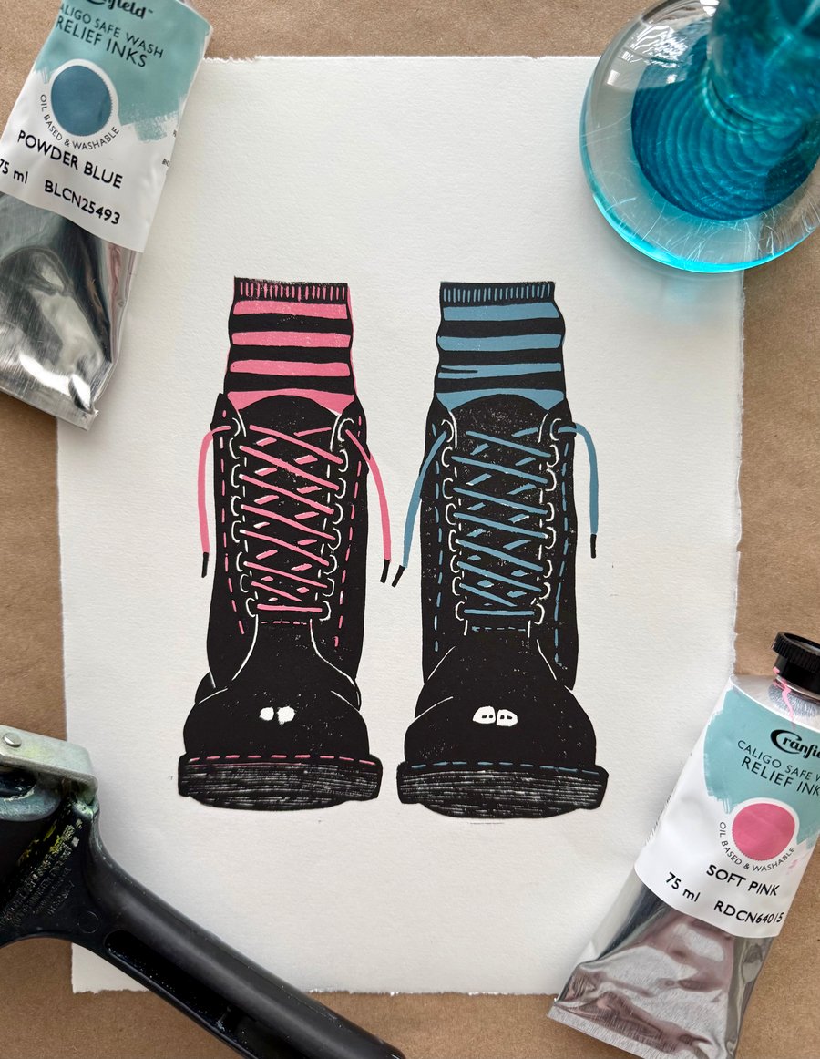 Docs and Socks: Hand-Burnished Lino Cut