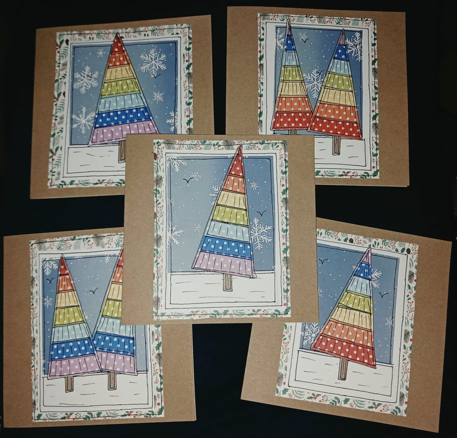 Image of Quirky art set of 5 beautiful handmade Christmas tree rainbow cards 