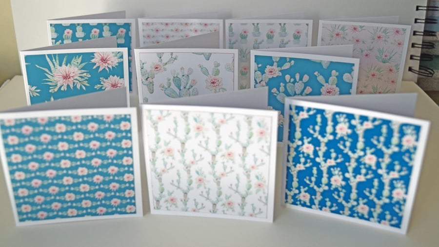 10 Cactus 3x3 Inch Blank Mini Note Cards, Floral Stationery, Gift Tags Notecards