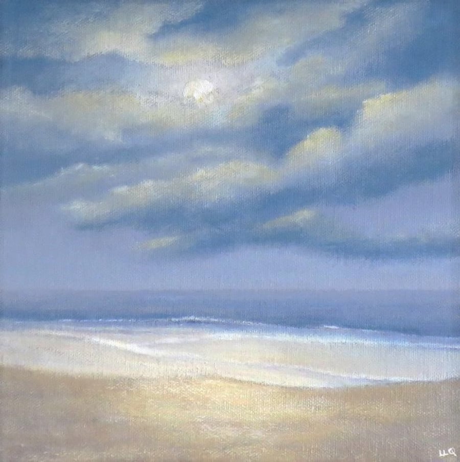 Ocean and moonlit beach and original acrylic painting on canvas panel