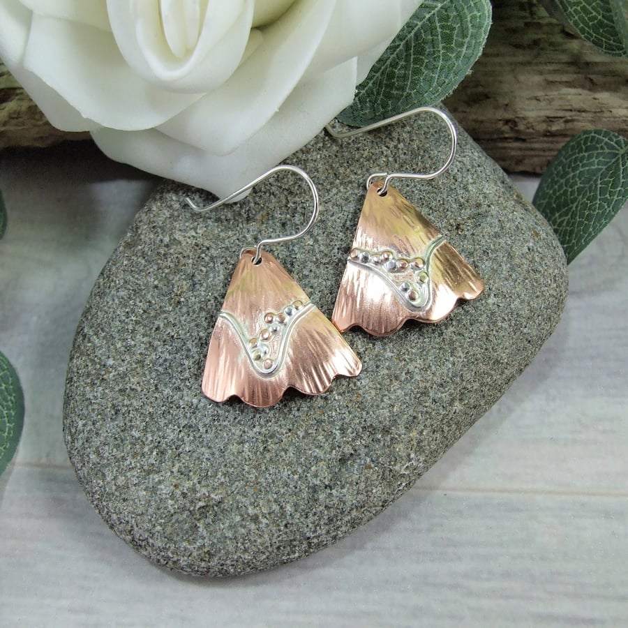 Earrings, Sterling Silver and Copper Fan Dropper Earrings