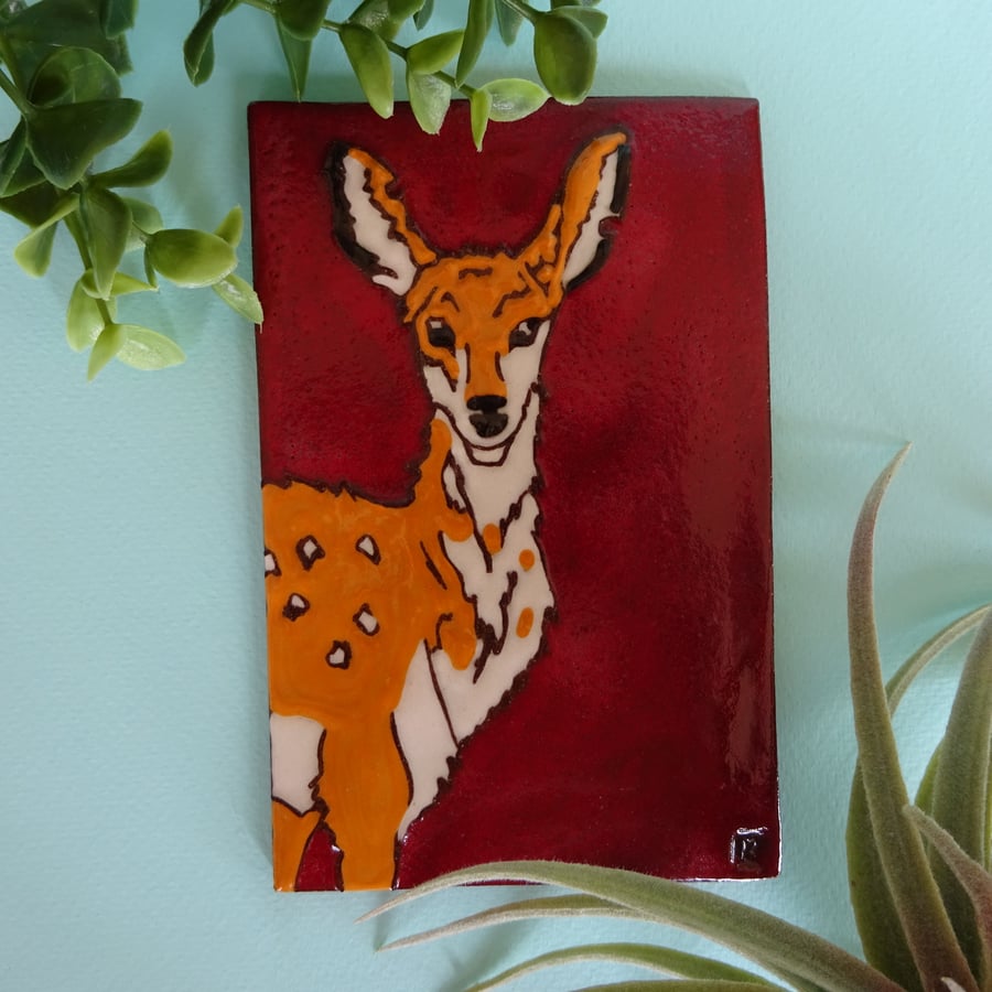 Decorative picture deer tile with moon and deep red background