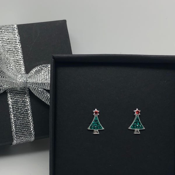 Sterling Silver and crystal Christmas tree earrings 
