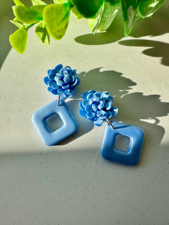 Hydrangea and Blue Diamond Polymer Clay Earrings